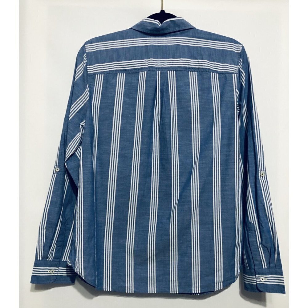 Talbots Top Womens Size 10 Blue White Striped Button Up Roll Tab Sleeves - Picture 2 of 6